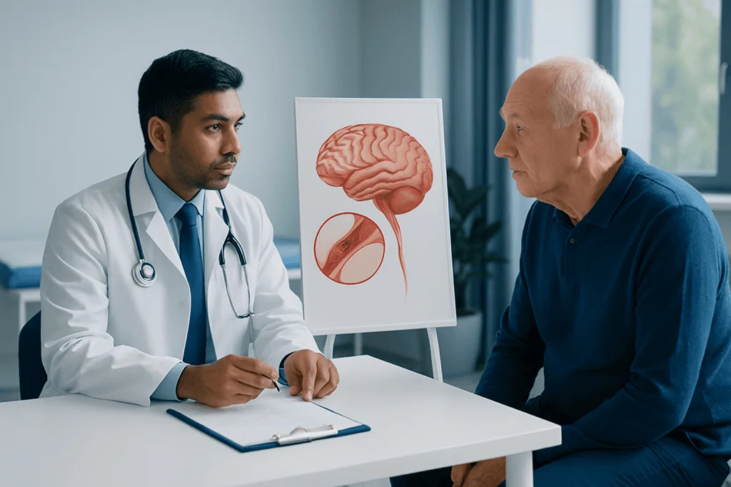 Doctor explaining stroke-related brain anatomy to an elderly patient.