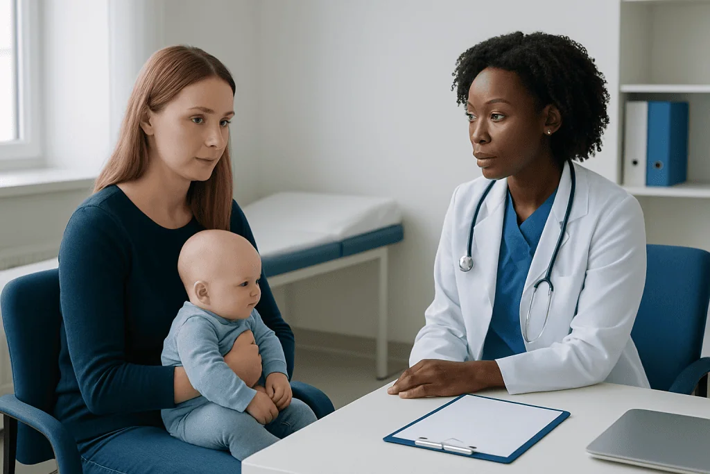 Pediatric consultation for flat head syndrome with mother and doctor in clinic.