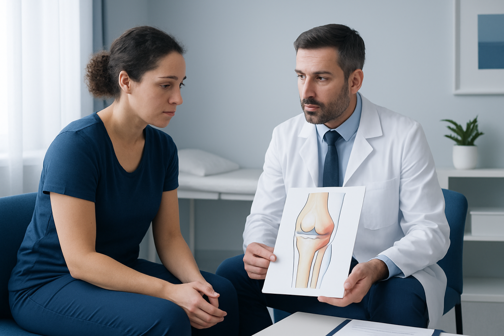 Doctor explaining knee anatomy to patient in a consultation room.