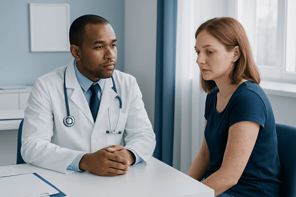 Doctor consulting with a patient about skin health in a medical office.