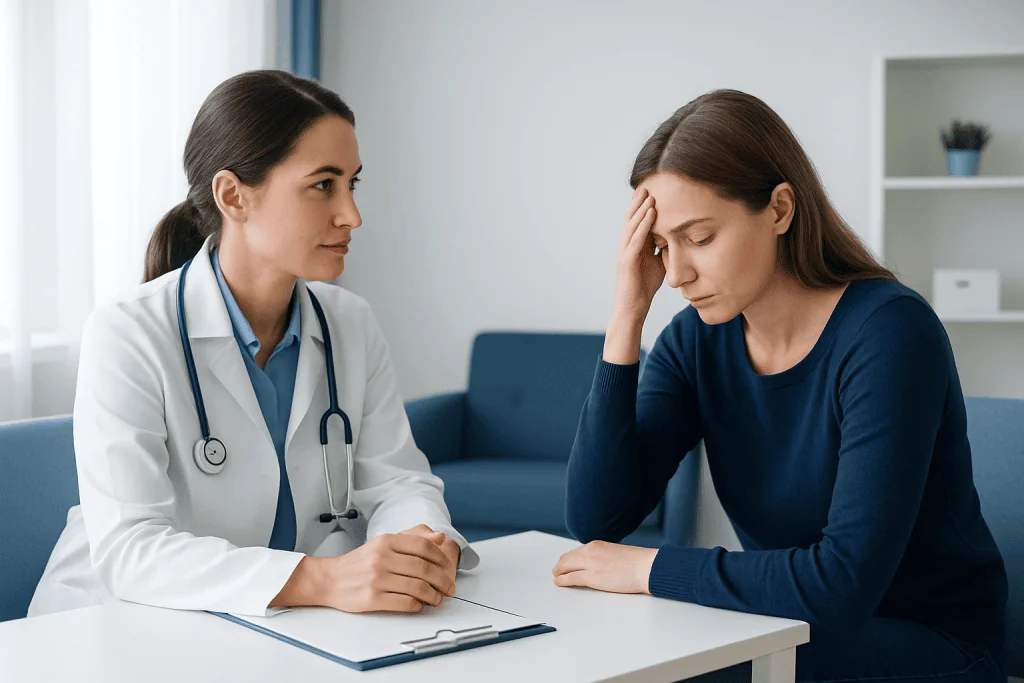 Doctor consulting with a woman patient about mental health issues.