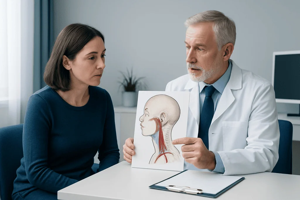 Doctor explains vertebral artery dissection with anatomical diagram to patient.