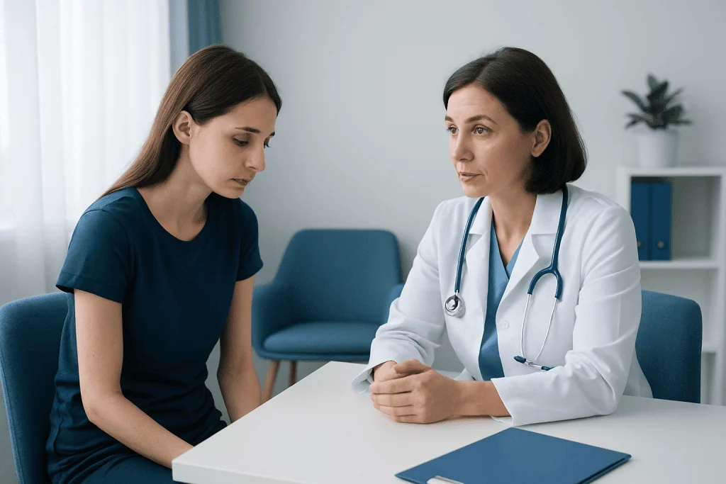 Doctor consulting with young female patient in a medical office.