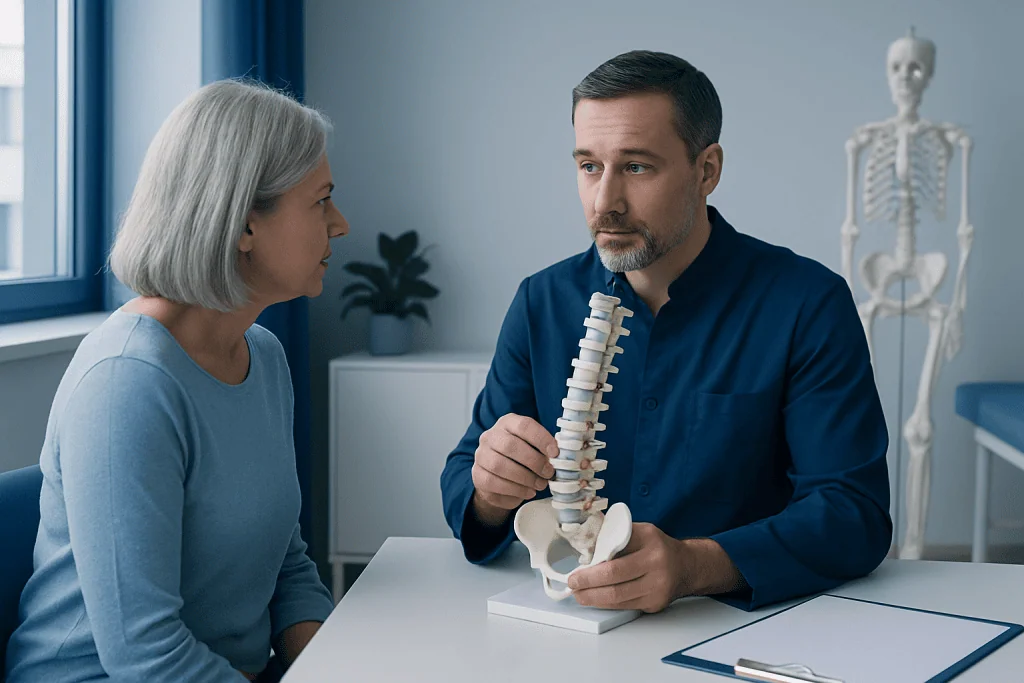 Doctor explaining spinal anatomy to a patient in a medical consultation.