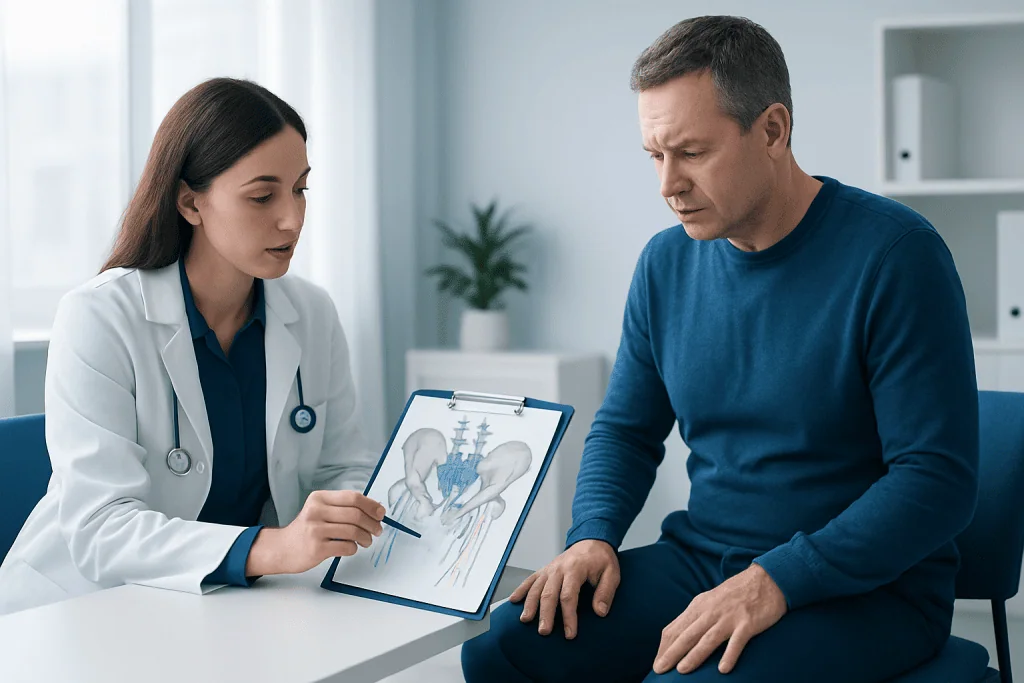 Doctor explaining meralgia paresthetica to patient with anatomical diagram.