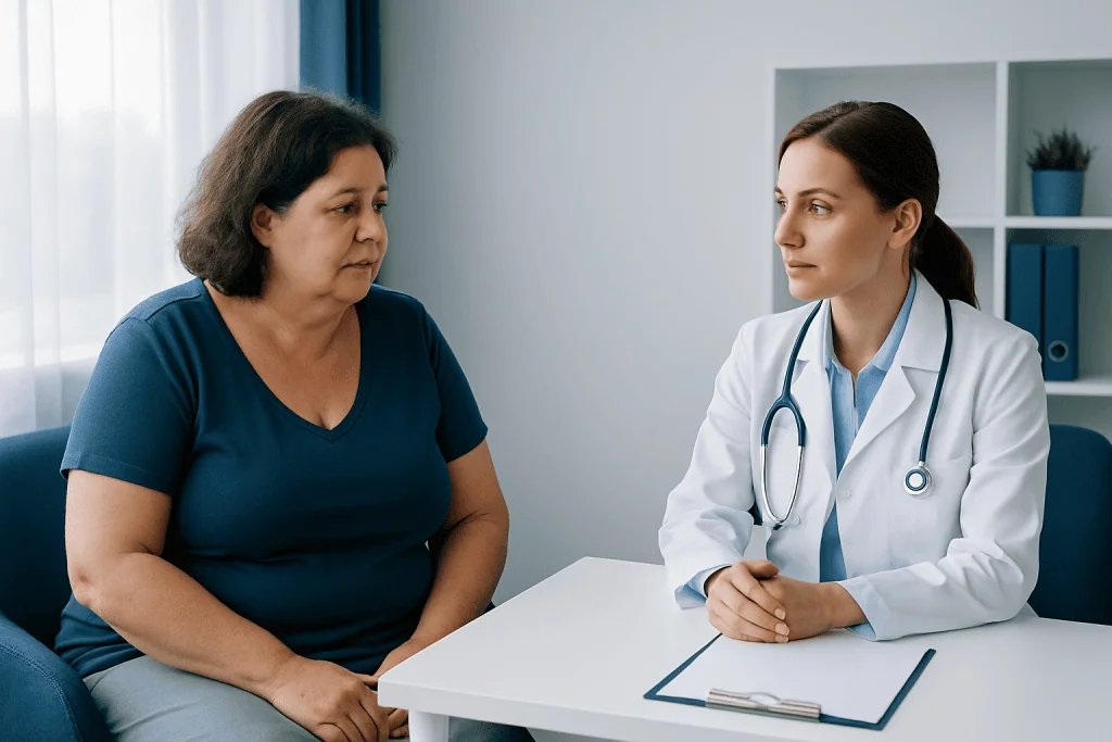 Doctor consulting with a patient about health concerns in a medical office.