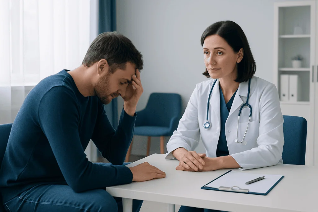 Patient distressed during consultation with doctor in medical office.