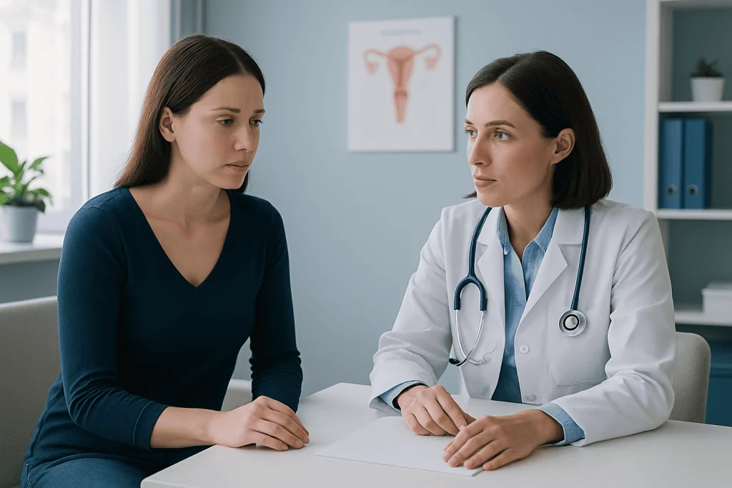 Doctor consulting with patient about gynecological health in clinic.