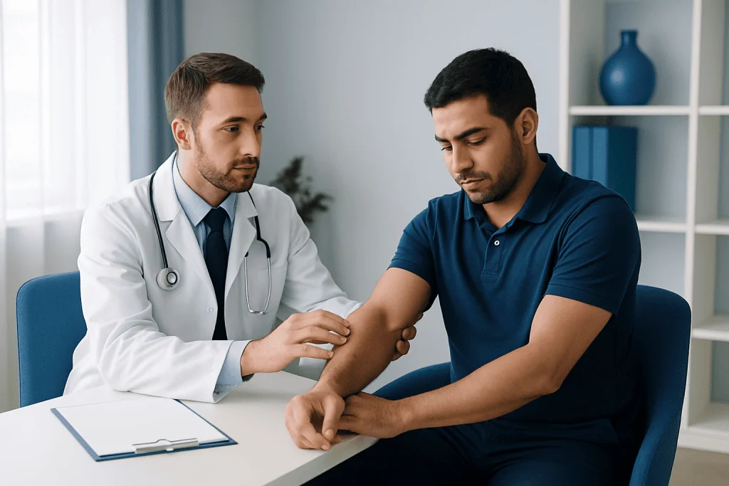 Doctor examining patient's arm for ulnar nerve issues in a clinic setting.