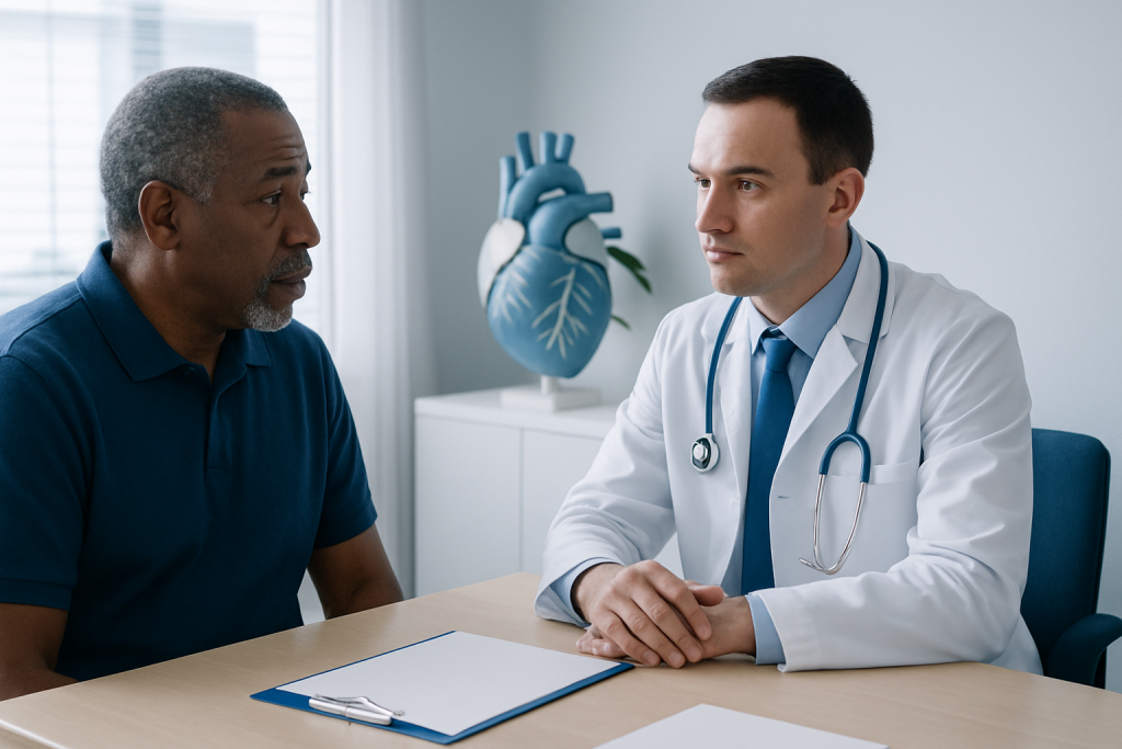Doctor consulting with a patient in a medical office with heart model in background.