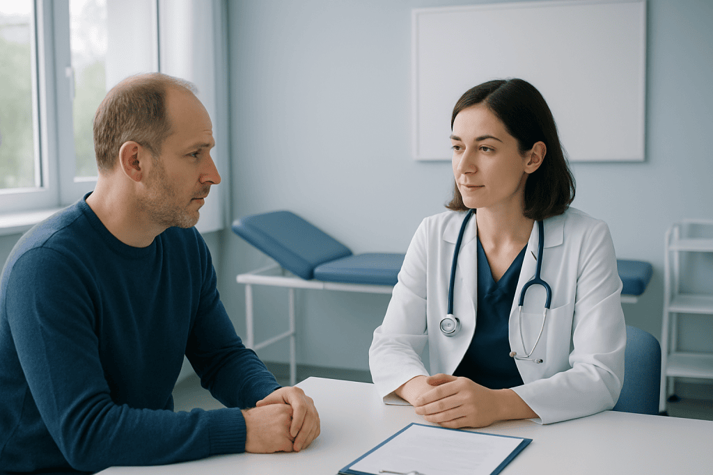 Doctor consulting with patient in a medical office at Acibadem Hospitals.