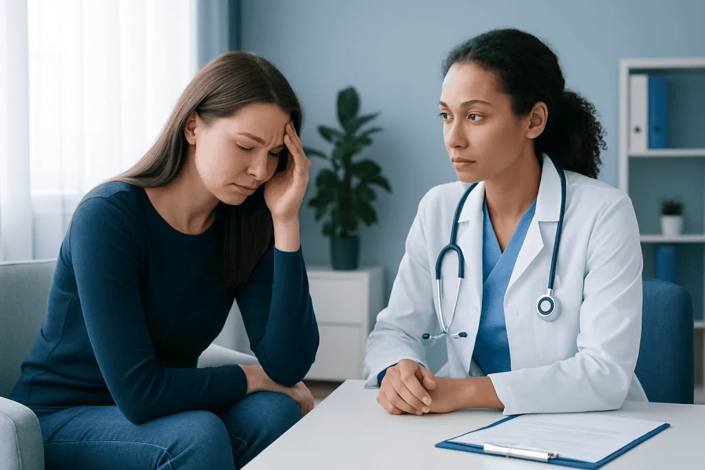 Doctor consulting with a distressed woman in a medical office.