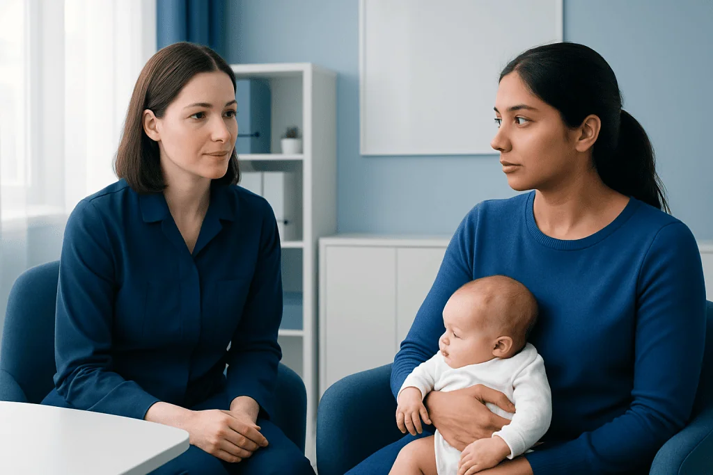 Doctor consulting with mother and baby in a medical office.