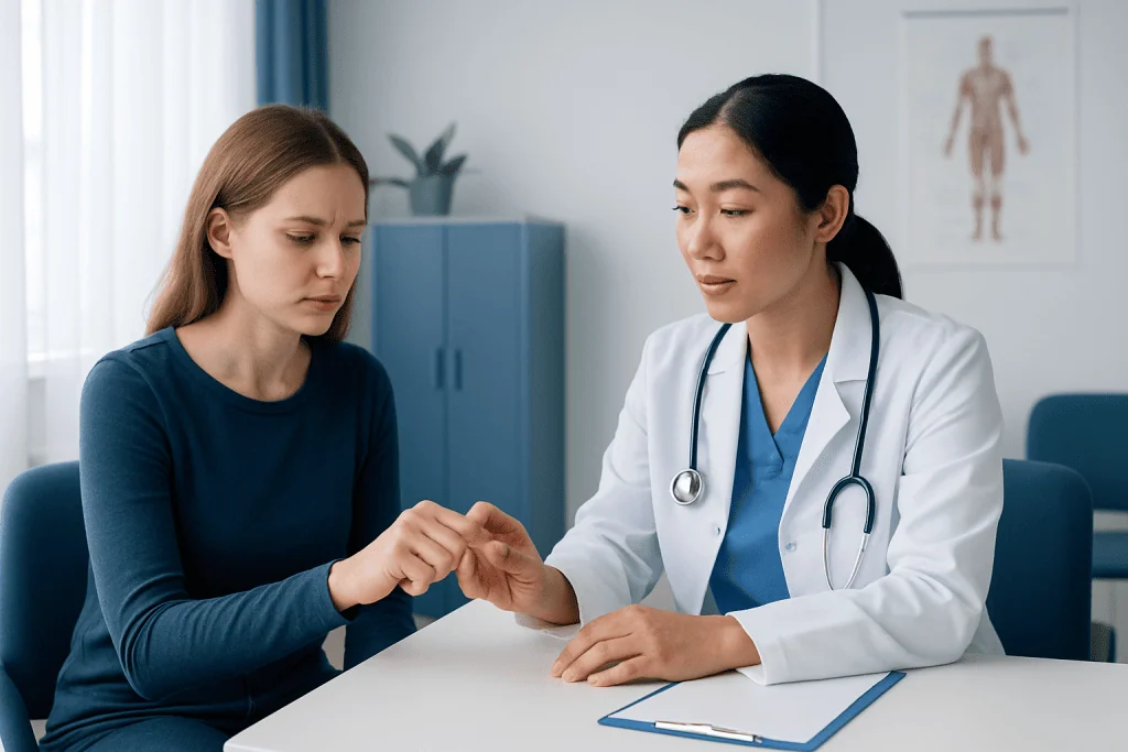 Doctor examining patient's finger in a medical consultation room.