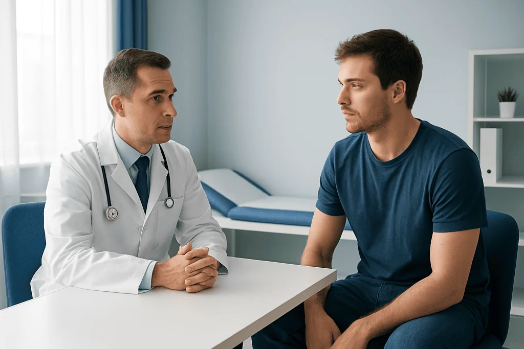 Doctor consulting with a young male patient in a medical office.