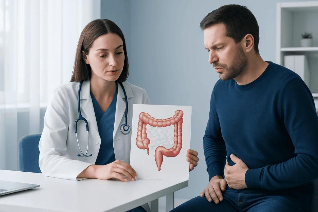 Doctor explaining colon anatomy to patient with diagram at clinic.