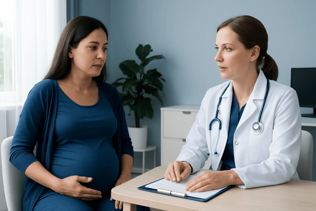 Pregnant woman consulting with a doctor in a medical office.