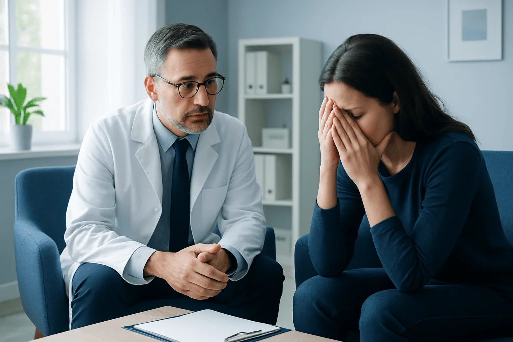 Doctor consulting with a woman experiencing emotional distress in a clinical setting.