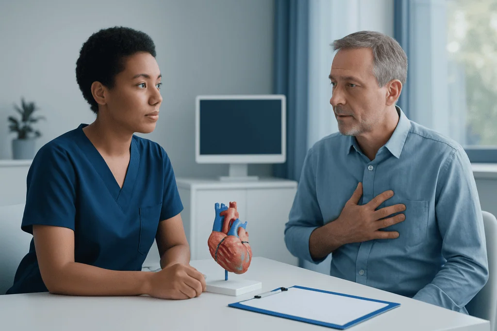 Doctor explaining heart health to patient with heart model.