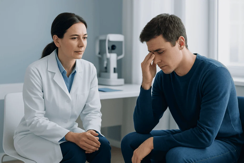 Doctor consulting with a patient about convergence insufficiency symptoms.