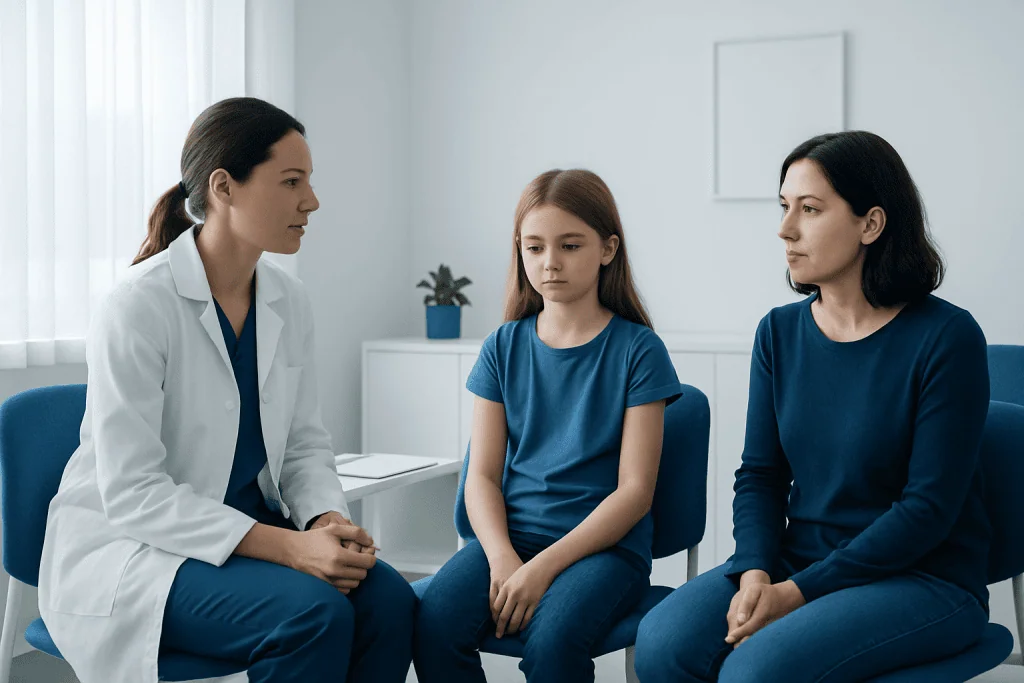 Child and mother consulting with a doctor in a medical office.