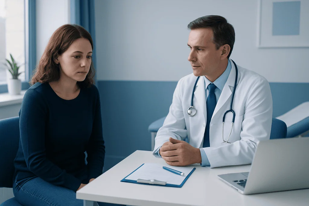 Doctor consulting with a female patient in a medical office.