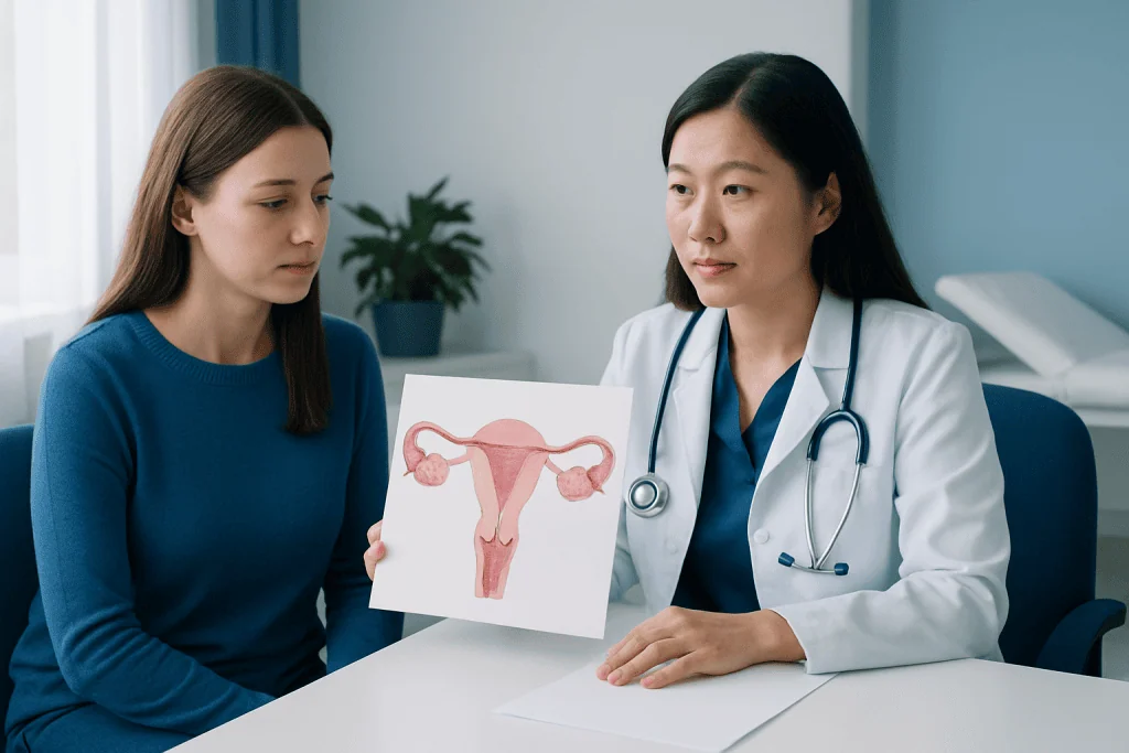 Doctor explains ovarian health with patient using anatomical diagram.