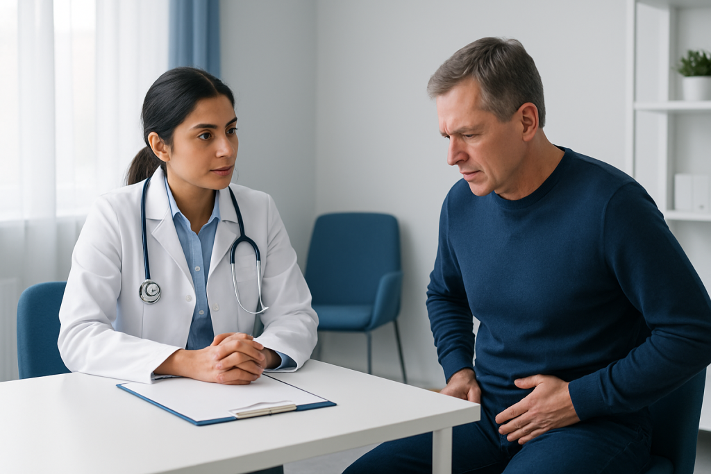 Doctor consulting male patient about health concerns in a clinic setting.