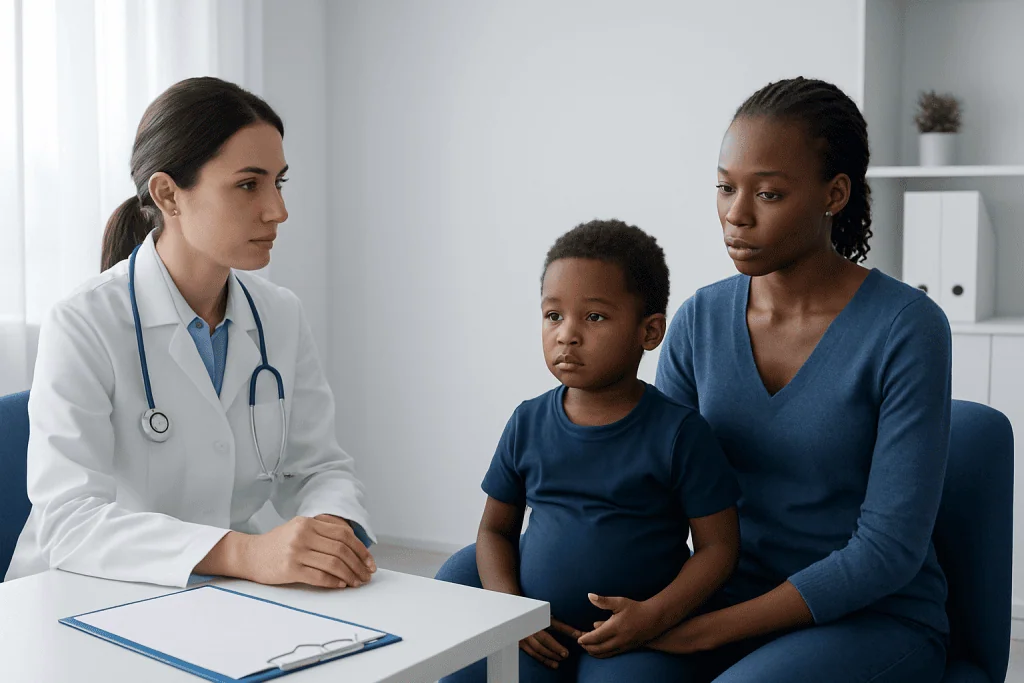 Doctor consulting with a mother and child in a medical office.