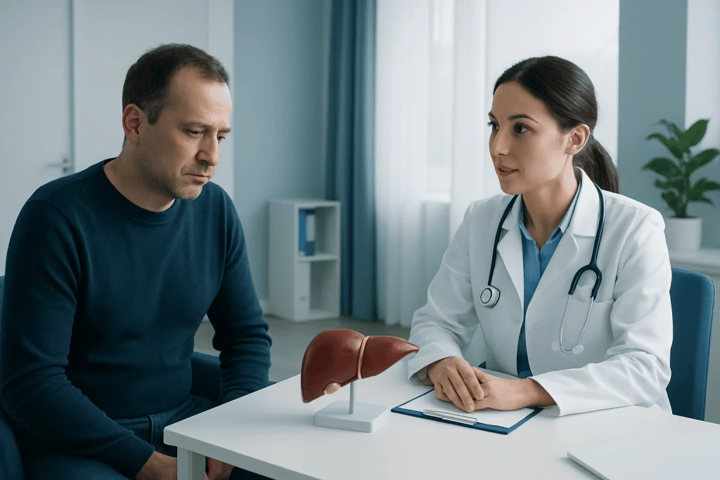Doctor explaining liver health to male patient in consultation room.