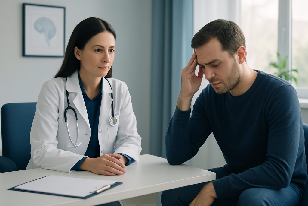 Doctor consulting with a patient experiencing headache or concussion symptoms.