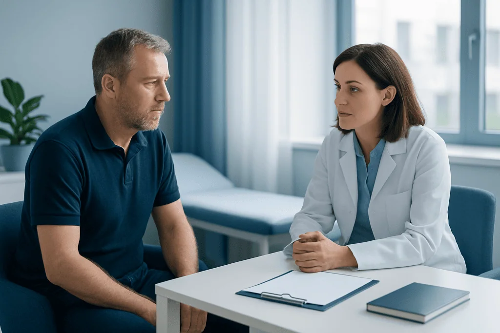 Doctor consulting with a male patient in a medical office setting.
