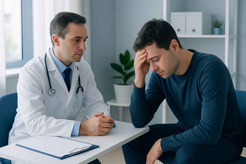 Doctor consulting with a young male patient in a medical office.