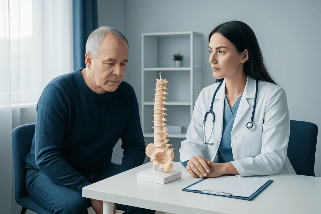 Doctor explaining spinal anatomy to patient in consultation room.