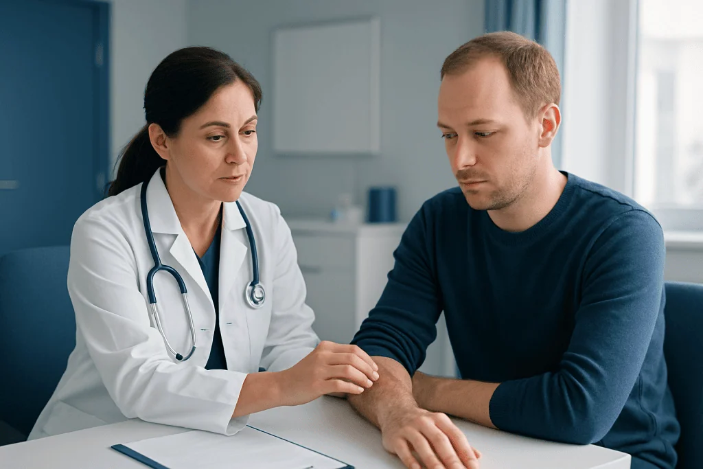 Doctor examining patient's wrist in a consultation room.