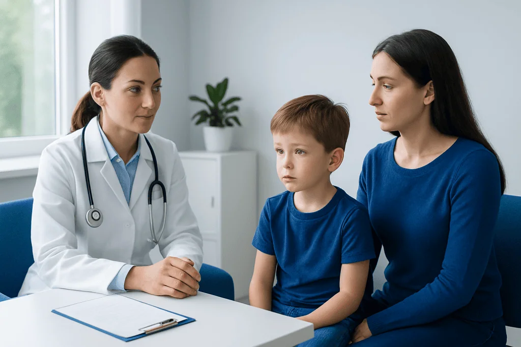Doctor consulting with mother and child about ear health at hospital.