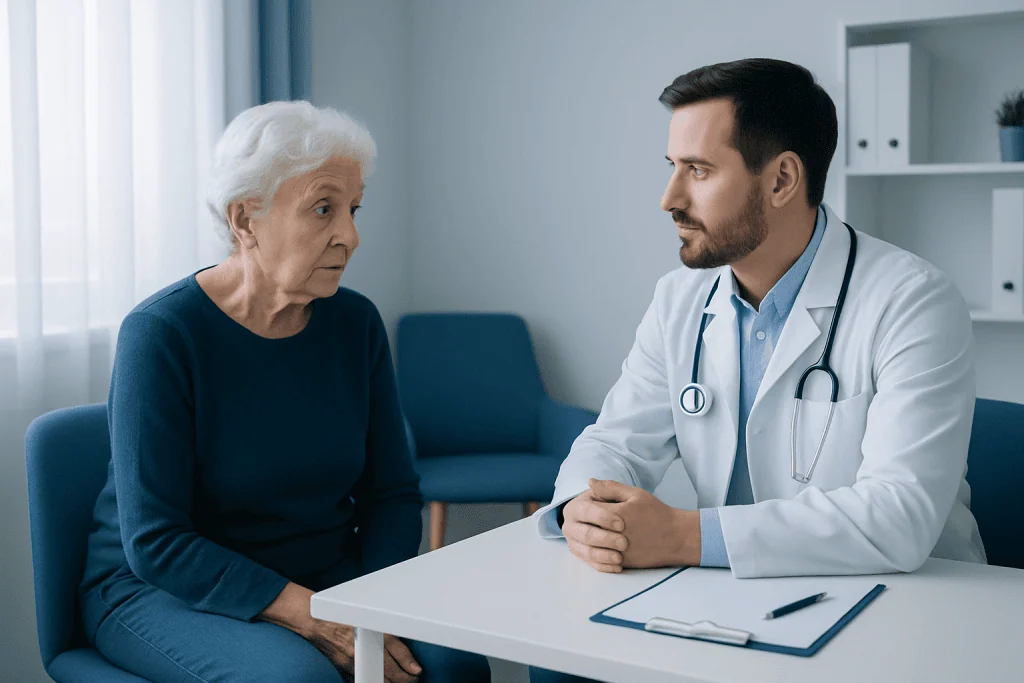 Doctor consulting with elderly woman in a medical office.