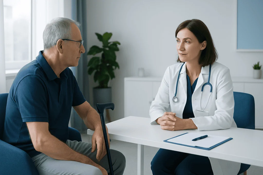 Doctor consulting with an elderly male patient in a medical office.