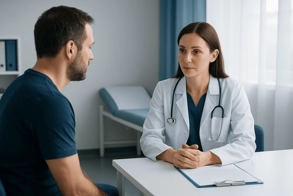 Doctor consulting with a patient in a medical office setting.