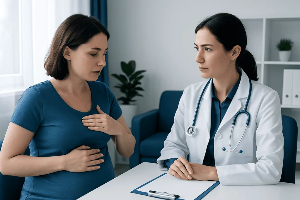 Doctor consulting pregnant woman about early pregnancy breast pain.