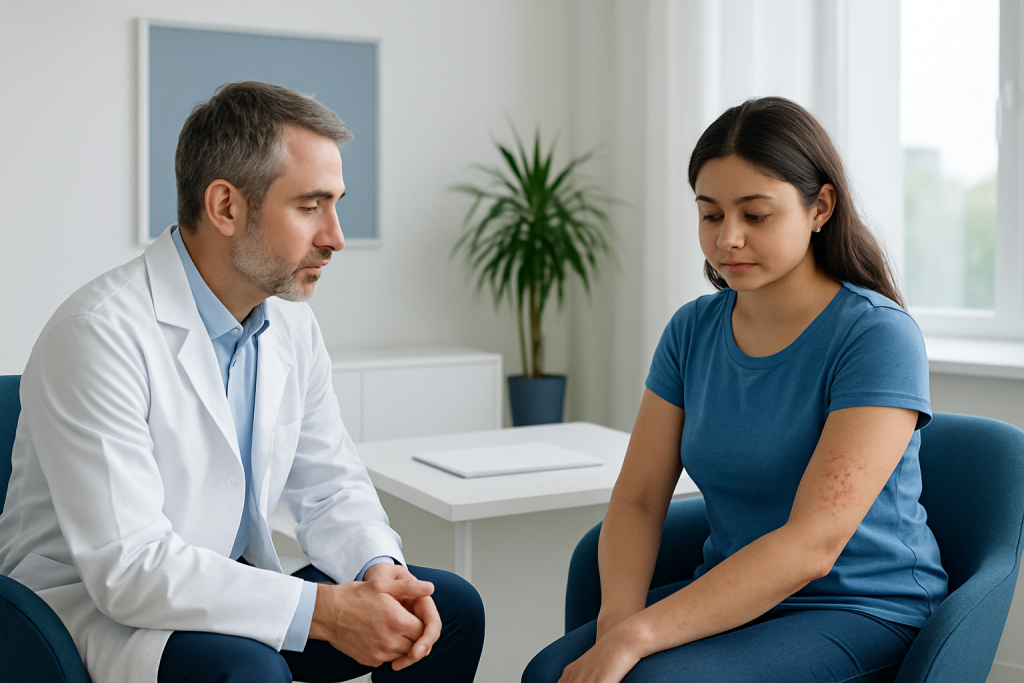 Doctor consulting with young female patient in a medical office.