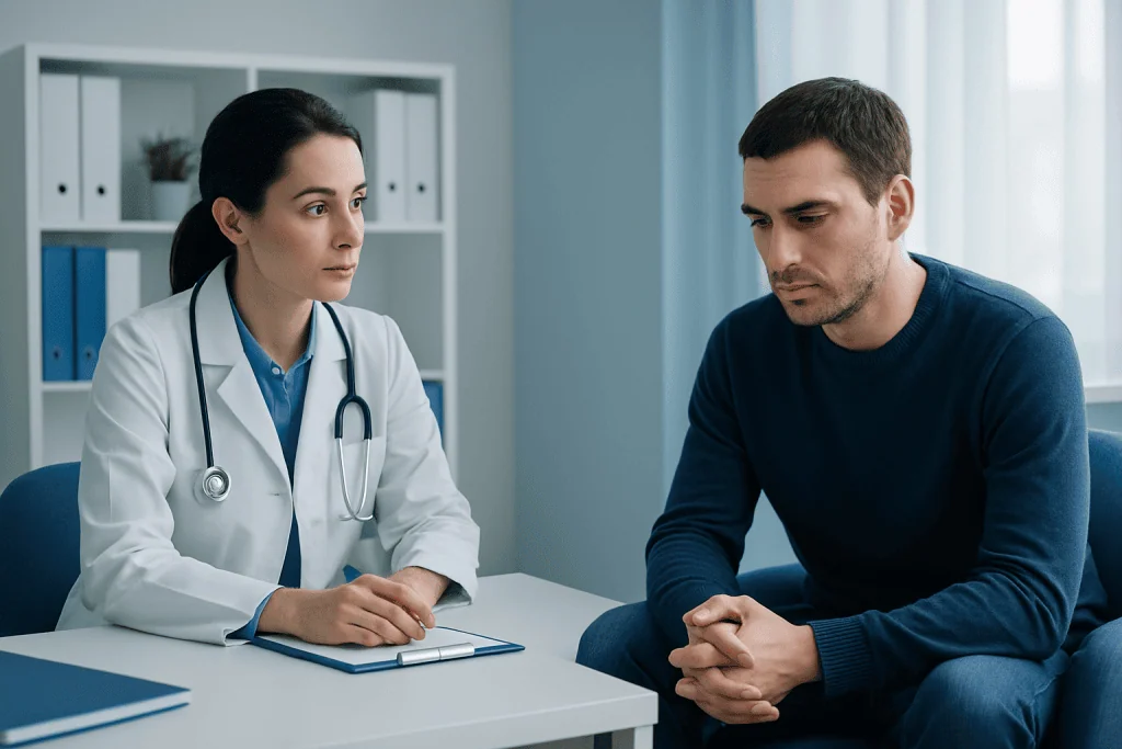 Doctor consulting with male patient in a medical office setting.