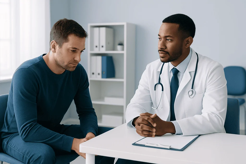Doctor consulting with male patient in a medical office setting.