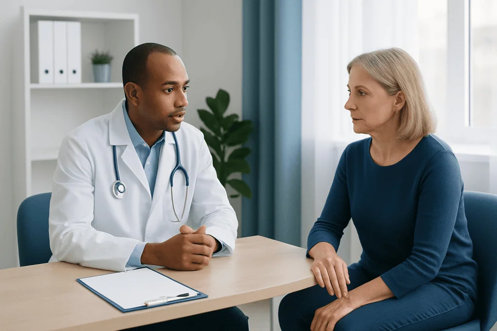 Doctor consulting with a female patient in a medical office setting.