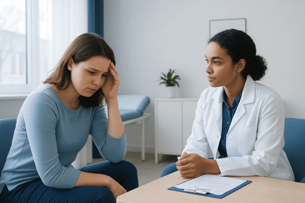 Woman experiencing postpartum rage during a therapy session with a healthcare professional.