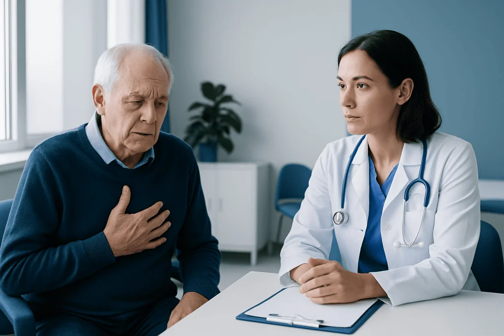 Doctor consulting with elderly patient about health concerns in a medical office.