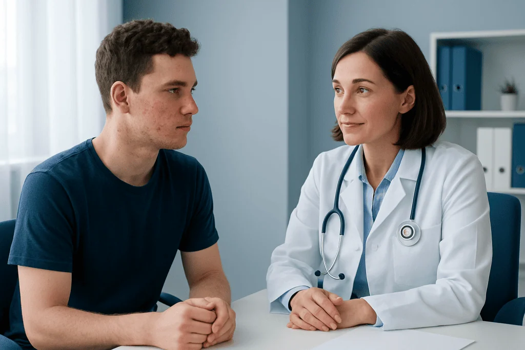 Doctor consulting with a young male patient in a medical office.