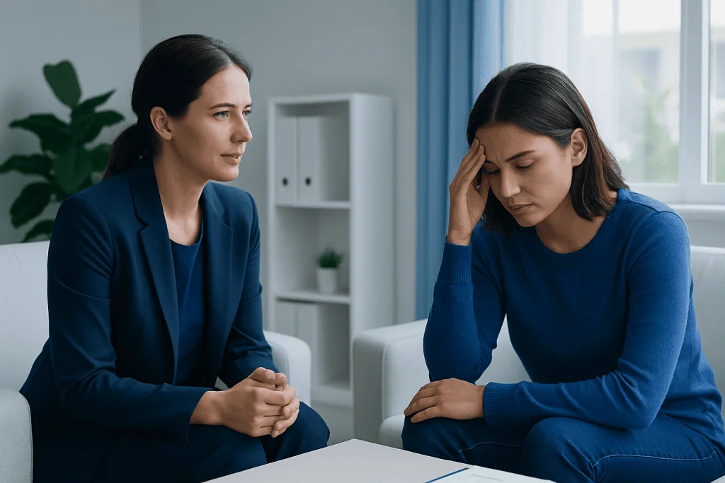 Counselor listening to a patient expressing concerns in a therapy session.