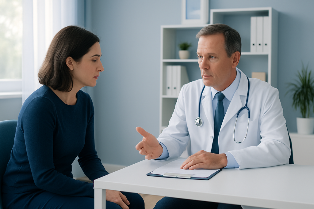 Doctor consulting with a female patient in a modern medical office.