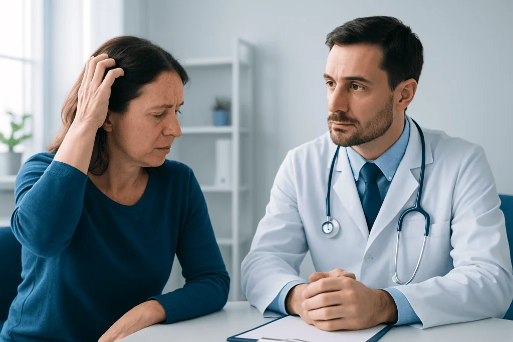 Doctor consulting with a woman about skin eczema symptoms.